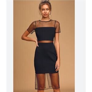 NWT Lulus Black Sheer Mesh Bodycon‎ Dress Size Medium Midi Bodycon Illusion